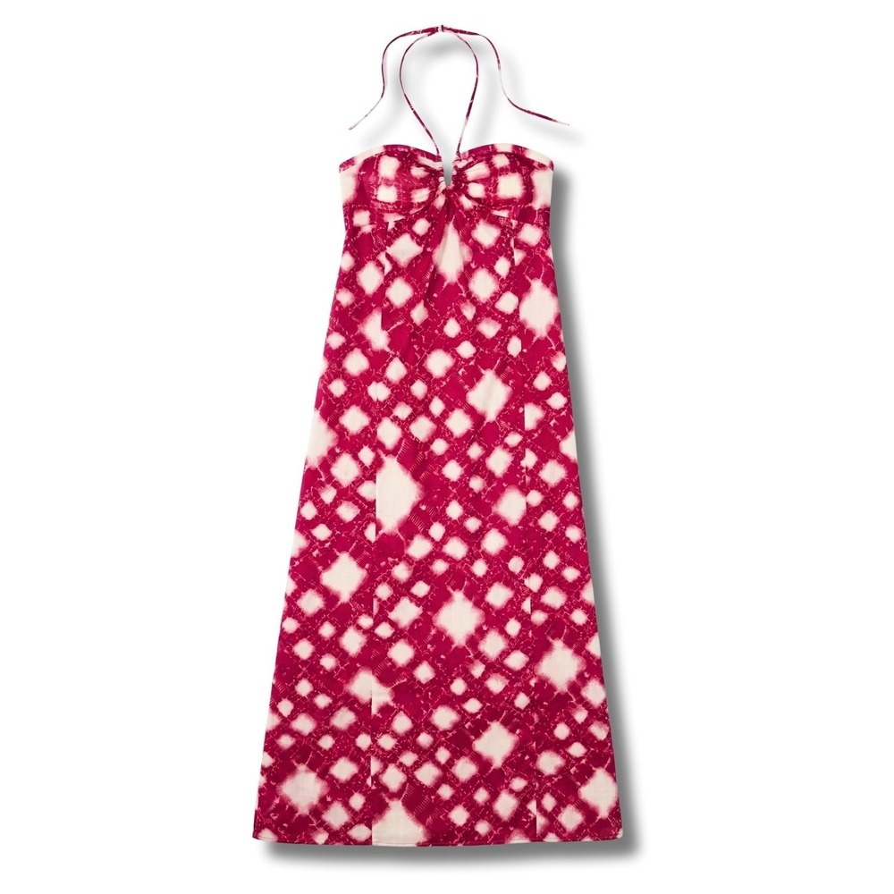 Lauren Conrad Halter Maxi Dress Womens 4 Pink White Shibori Print Smocked Boho